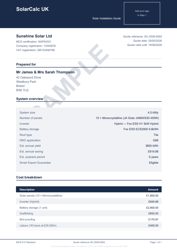 Example solar quote PDF generated by SolarCalc UK
